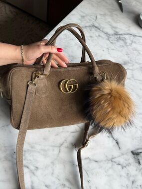 Beautiful Not a Gucci Brown Suede Top-Handle Bag with Gold Double G